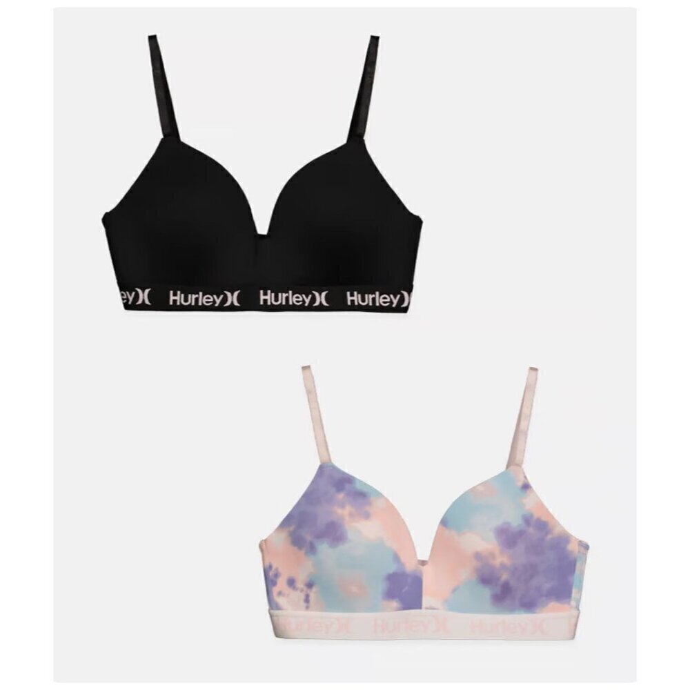 HURLEY NWT 2 Piece Tie Dye Lightly Padded Comfort Bra Pink and Black Women's 36C